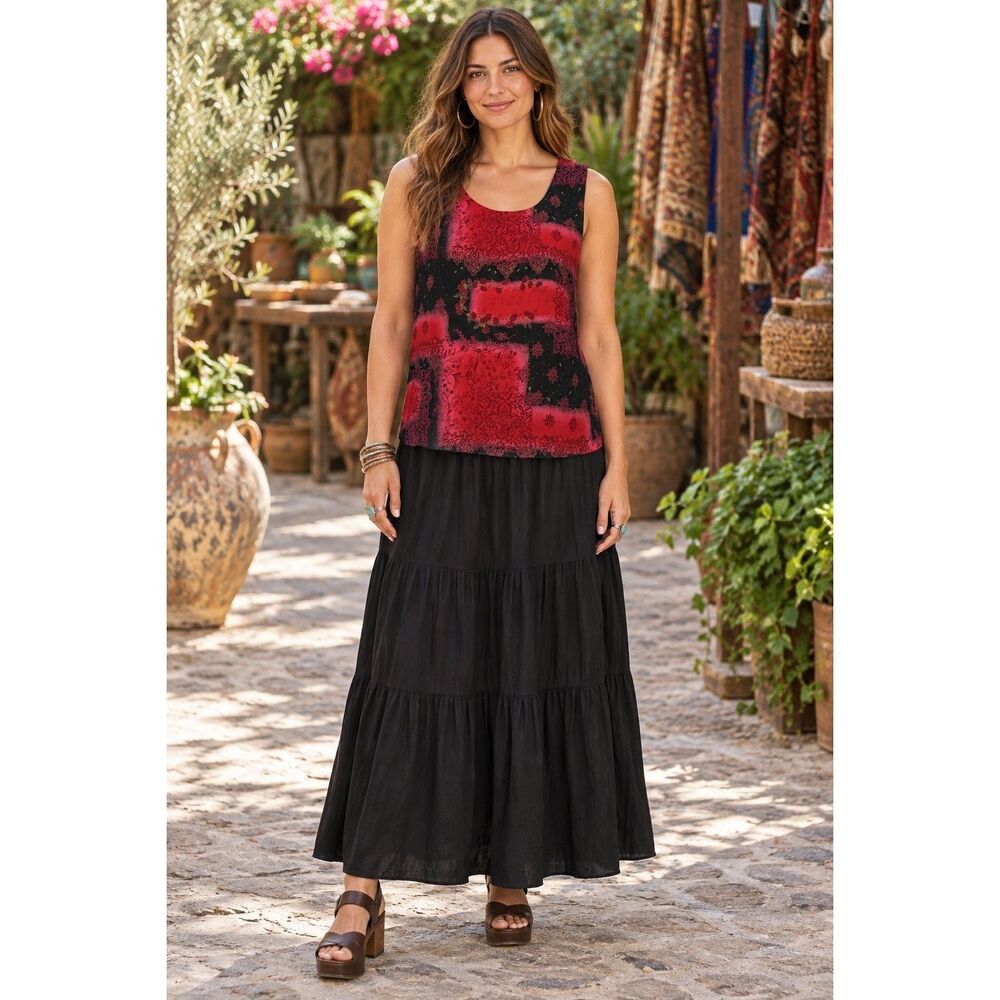 Coldwater Creek Boho Eclectic Chiffon Top Womens M Black Red Patchwork Artsy